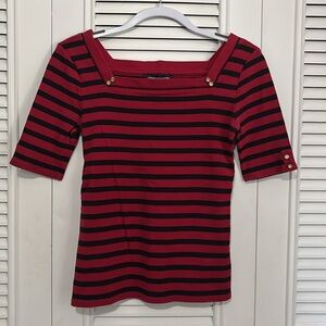Jones New York Red and Black Striped Top with elbow sleeves